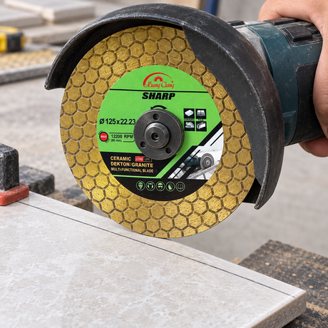 Illustrative close view of guarded disc positioned above a marked tile