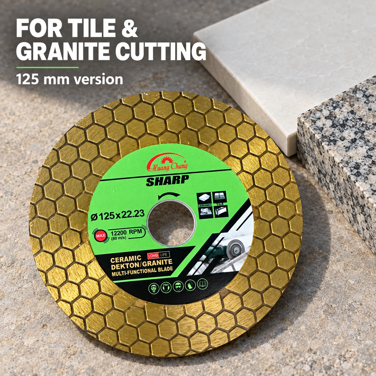 Pictured 125 mm disc beside ceramic tile and granite in a material guide