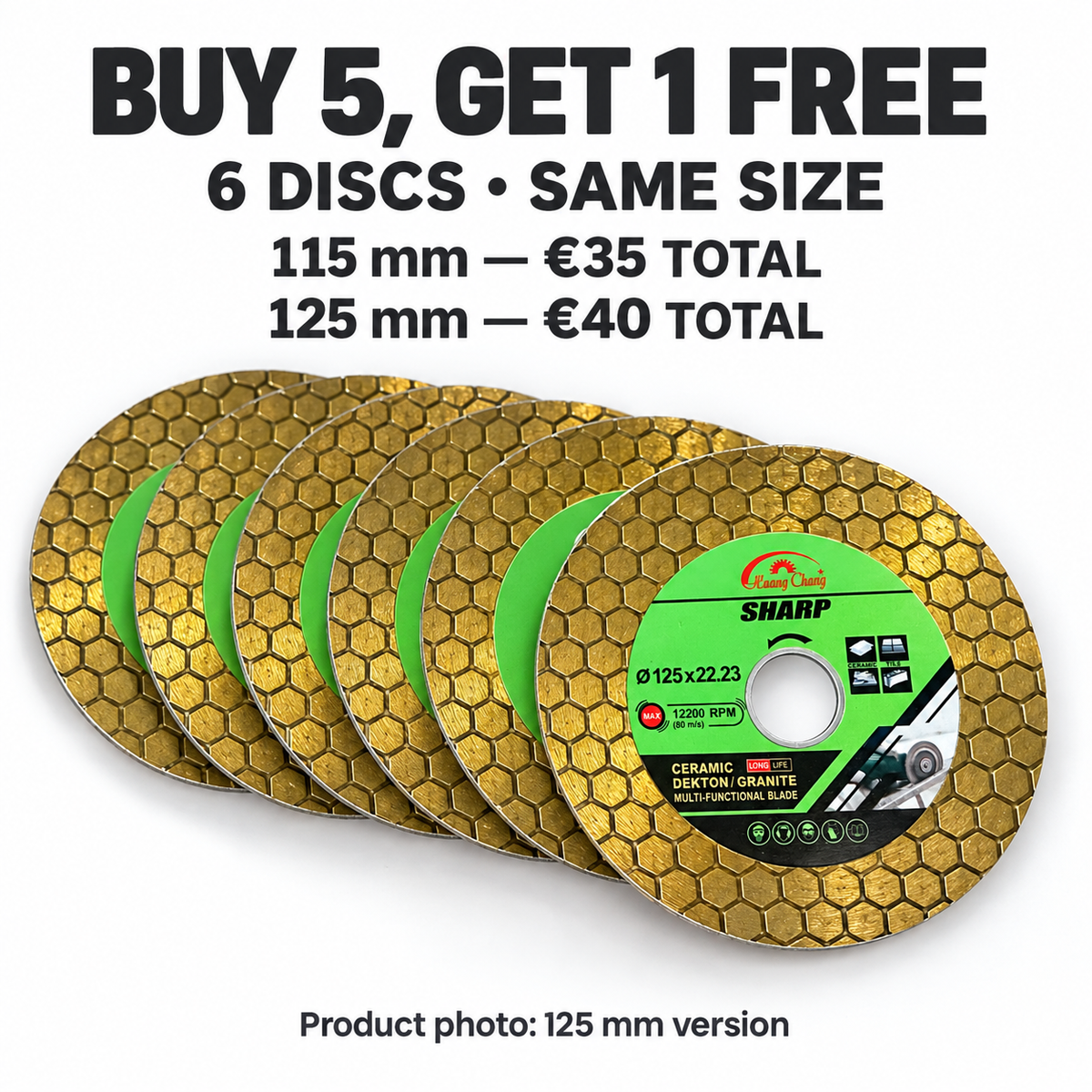 Six same-size discs with pack totals of €35 for 115 mm or €40 for 125 mm