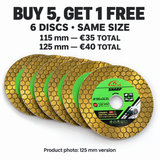 Six same-size discs with pack totals of €35 for 115 mm or €40 for 125 mm
