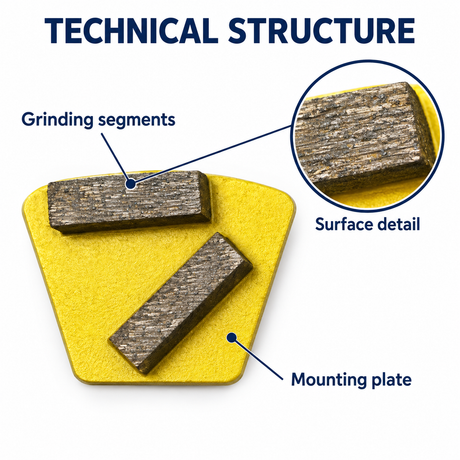 Two straight diamond segments and mounting plate, annotated close-up
