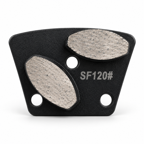 Black SF120 grinding shoe with two oval diamond segments, soft bond
