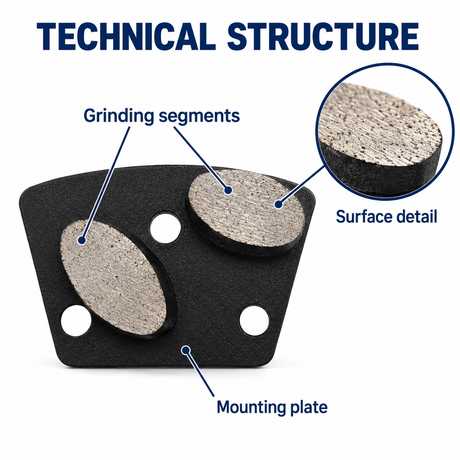 Two oval diamond segments and three-hole mounting plate, annotated close-up