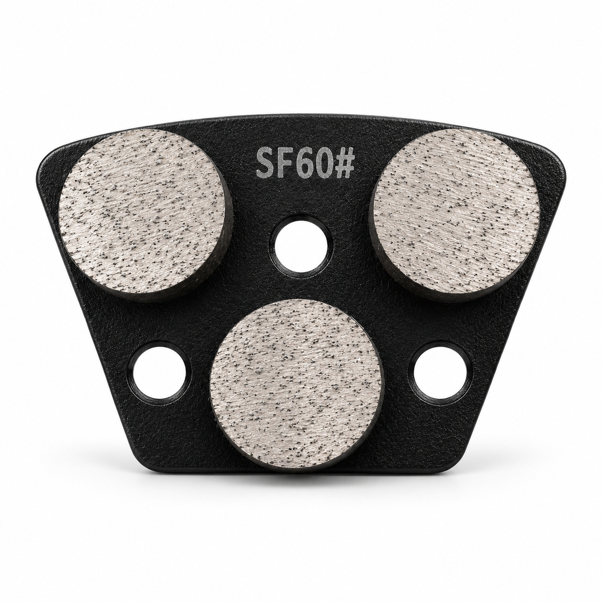 Black SF60 grinding shoe with three round diamond segments, soft bond