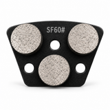 Black SF60 grinding shoe with three round diamond segments, soft bond