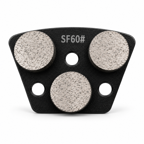 Black SF60 grinding shoe with three round diamond segments, soft bond