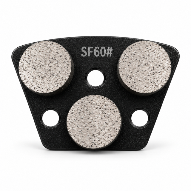 Black SF60 grinding shoe with three round diamond segments, soft bond