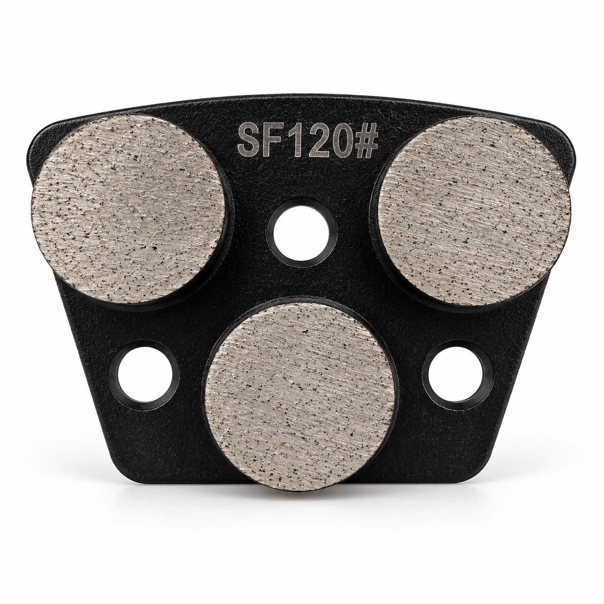 Black SF120 grinding shoe with three round diamond segments, soft bond