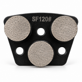 Black SF120 grinding shoe with three round diamond segments, soft bond