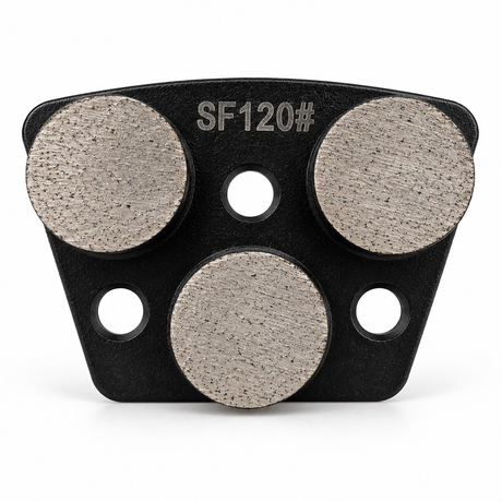 Black SF120 grinding shoe with three round diamond segments, soft bond