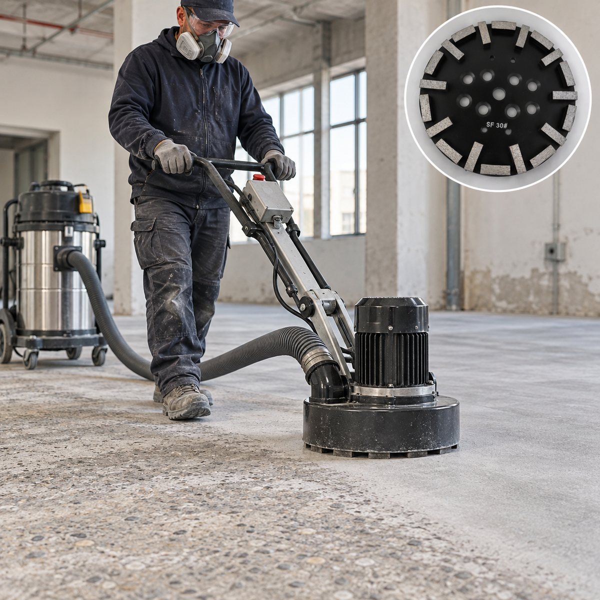 250 mm Diamond Grinding Plate for Concrete Floors – SF/HF, 20/30/60 Grit – application ,  concrete floor grinding ,  illustra