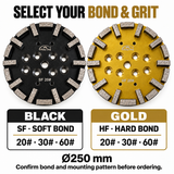250 mm Diamond Grinding Plate for Concrete Floors – SF/HF, 20/30/60 Grit – bond and grit selection graphic covering the six c