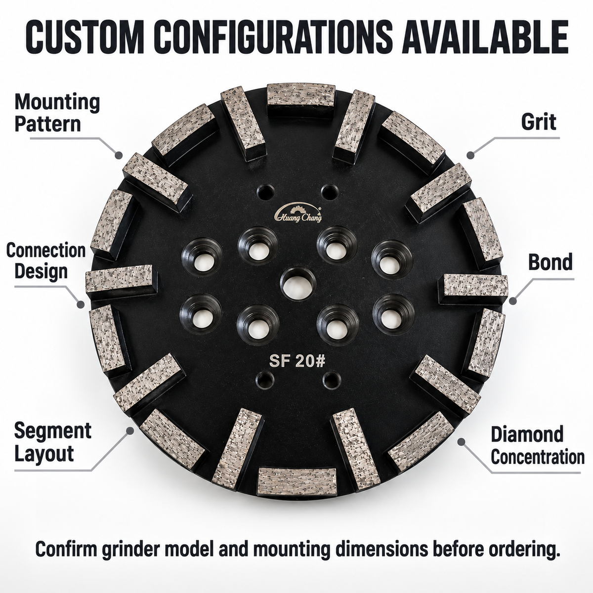 250 mm Diamond Grinding Plate for Concrete Floors – SF/HF, 20/30/60 Grit – custom configuration and mounting check