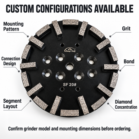 250 mm Diamond Grinding Plate for Concrete Floors – SF/HF, 20/30/60 Grit – custom configuration and mounting check