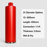 HUANG CHANG diamond core drill bit specifications including 12–600mm diameters, 450mm length, 1-1/4 connection, 2.0mm thickness, wet and dry