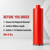 Before-order checklist for diameter, 450mm length, 1-1/4 connection, wet and dry