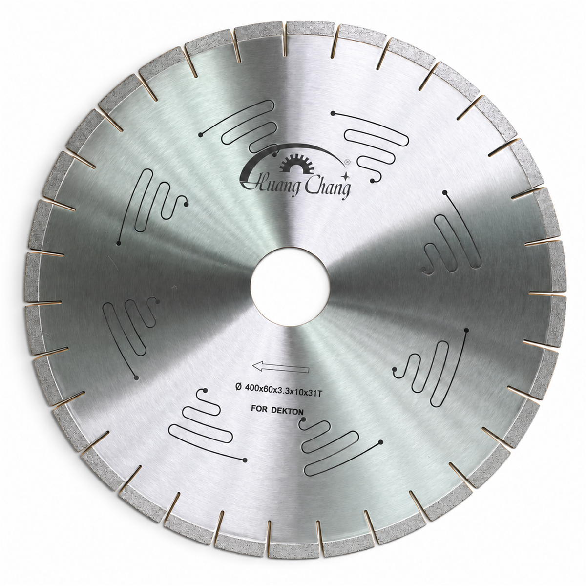 400 mm HUANG CHANG Dekton blade showing its distinct serpentine slots and black engraving