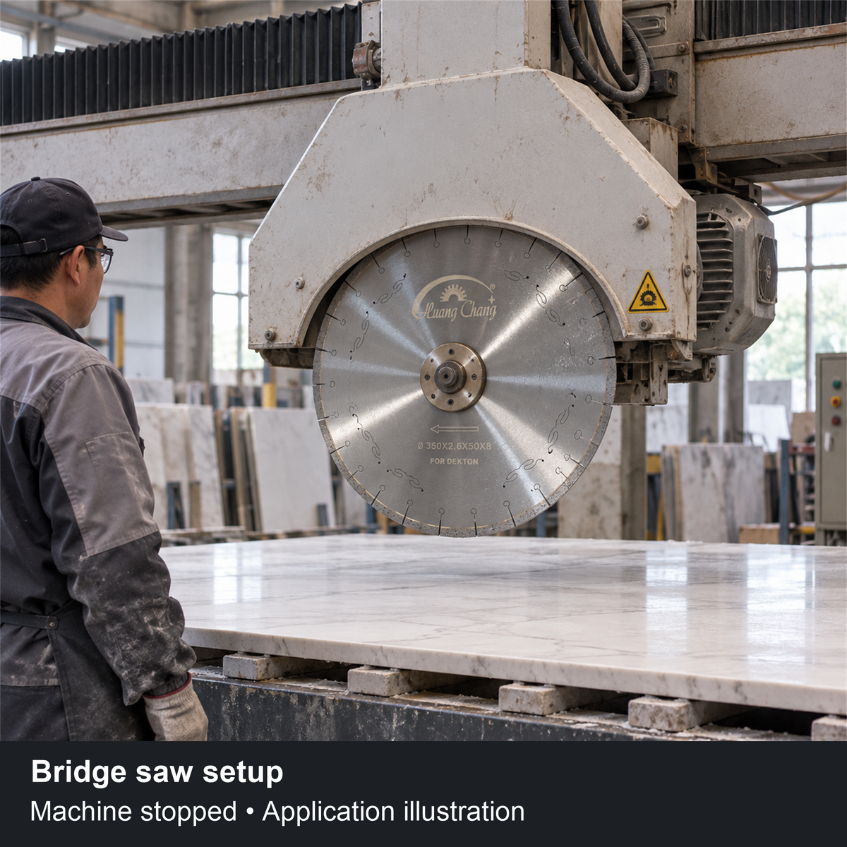 Application illustration of a stopped bridge saw with a 350 mm Dekton blade above a supported slab