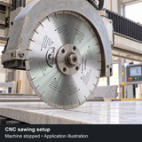 Application illustration of a stopped CNC circular-saw head with a 400 mm Dekton blade at a slab