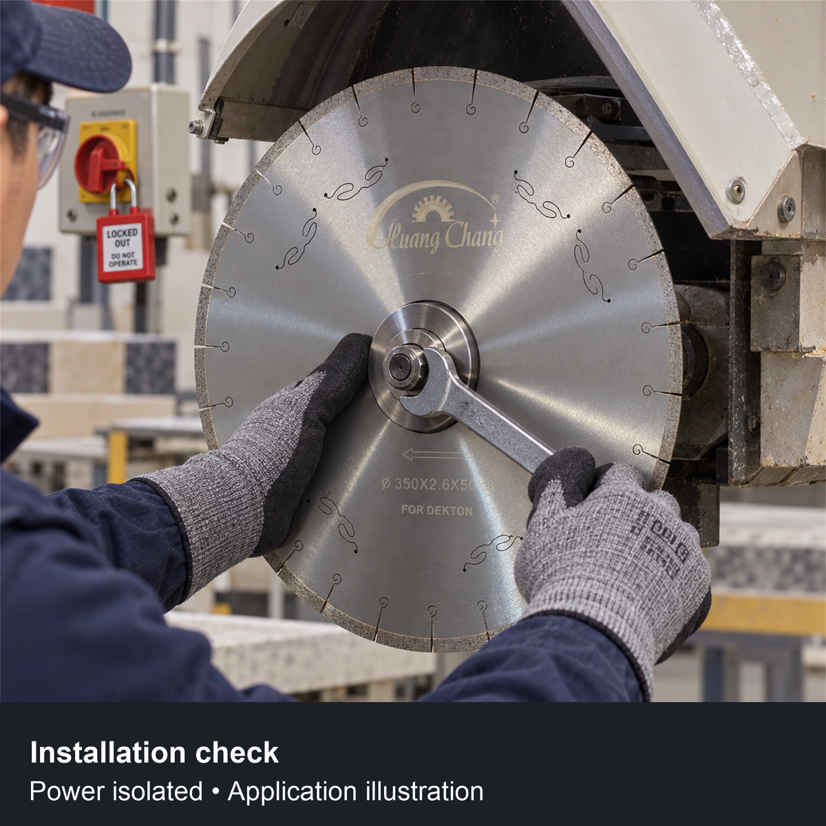 Illustrated isolated-power installation check with a spanner at the 350 mm blade clamping flange