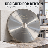 350 mm Dekton blade beside a slab with qualified clean-cut design wording; product composition