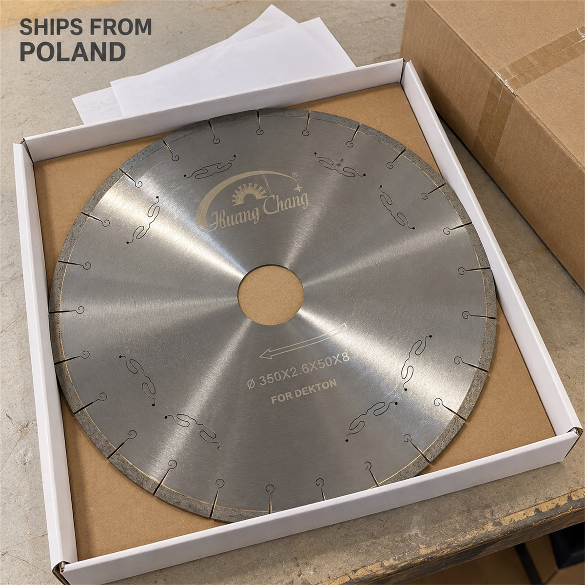 350 mm Dekton blade in plain packaging with Ships from Poland wording; dispatch composition