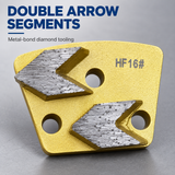 Two arrow-shaped diamond segments on the gold HF16 grinding shoe