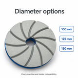 Representative polishing wheel with 100 mm, 125 mm and 150 mm diameter choices.