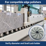 Illustrated stone edge-polisher context with a product inset and holder compatibility reminder.