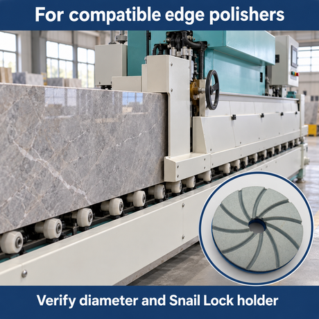Illustrated stone edge-polisher context with a product inset and holder compatibility reminder.