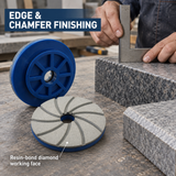 Polishing wheel views beside straight and chamfered stone samples during a manual edge inspection.