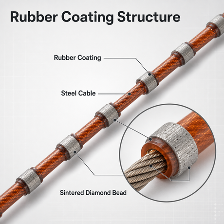 Rubber coating, steel cable and sintered diamond bead structure