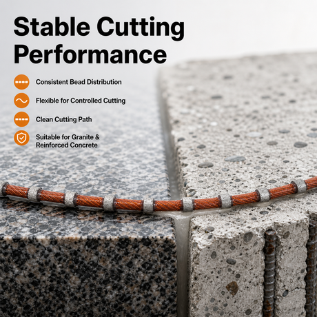 Stable diamond wire cutting performance for granite and reinforced concrete