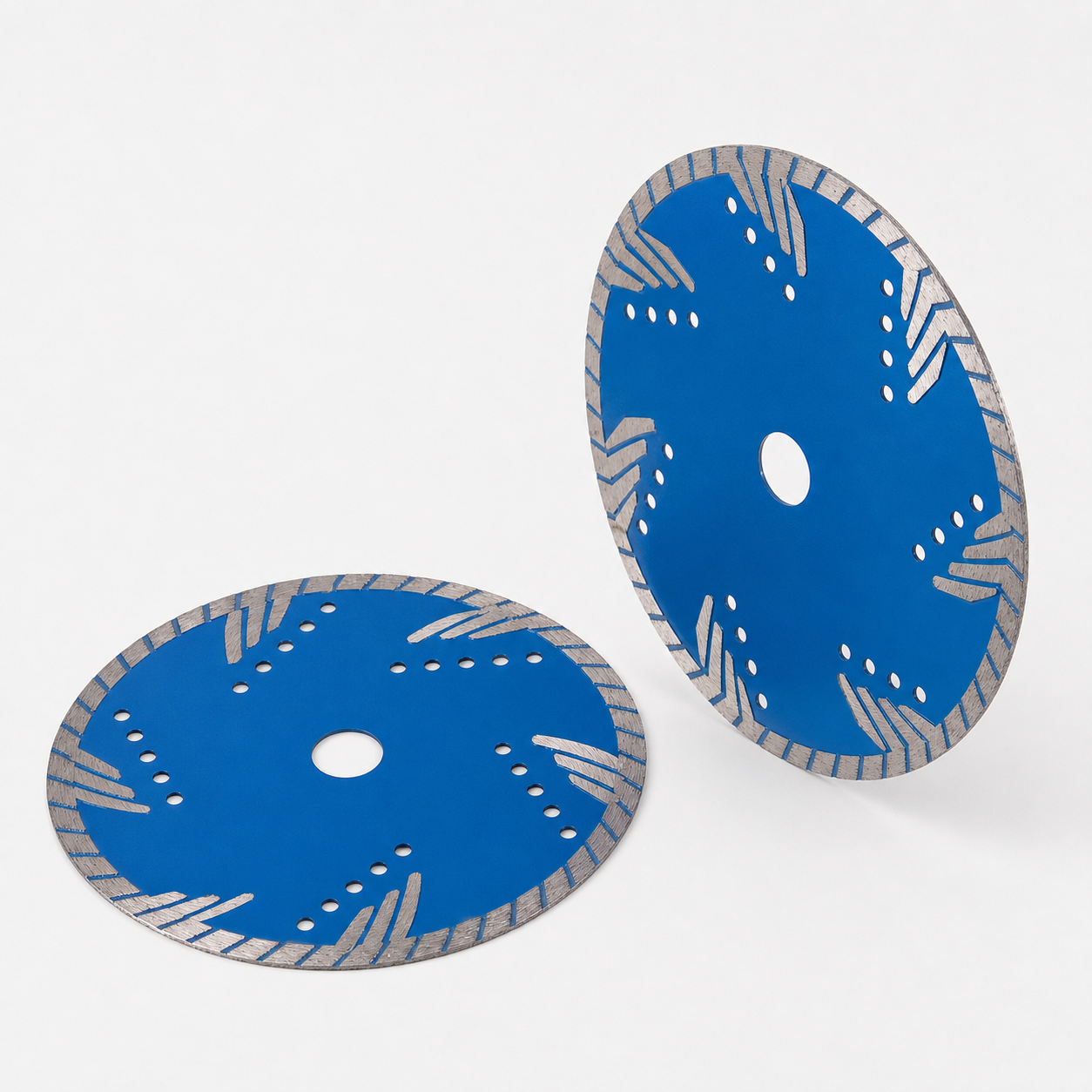 Blue turbo diamond saw blades shown at two angles