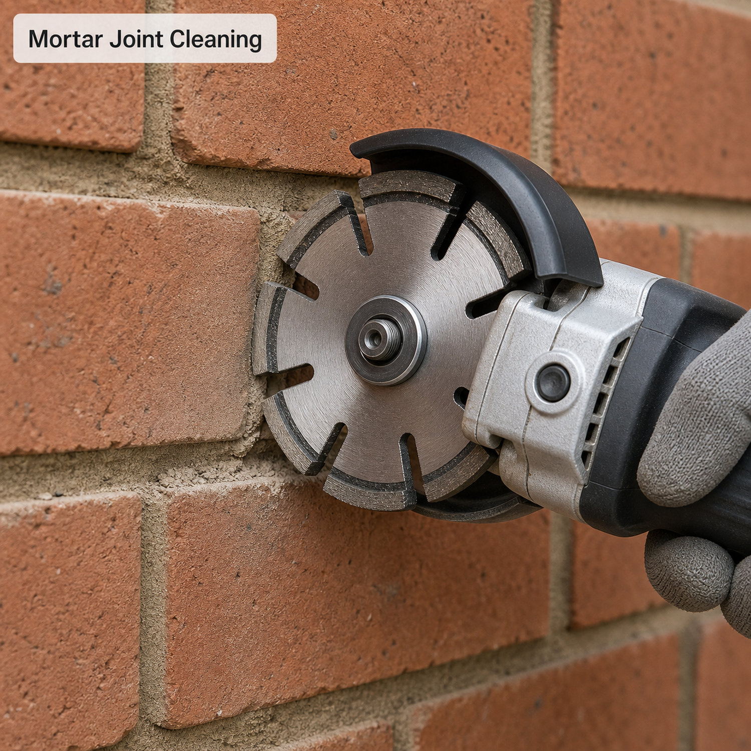 mortar raking blade cleaning brick joint with angle grinder