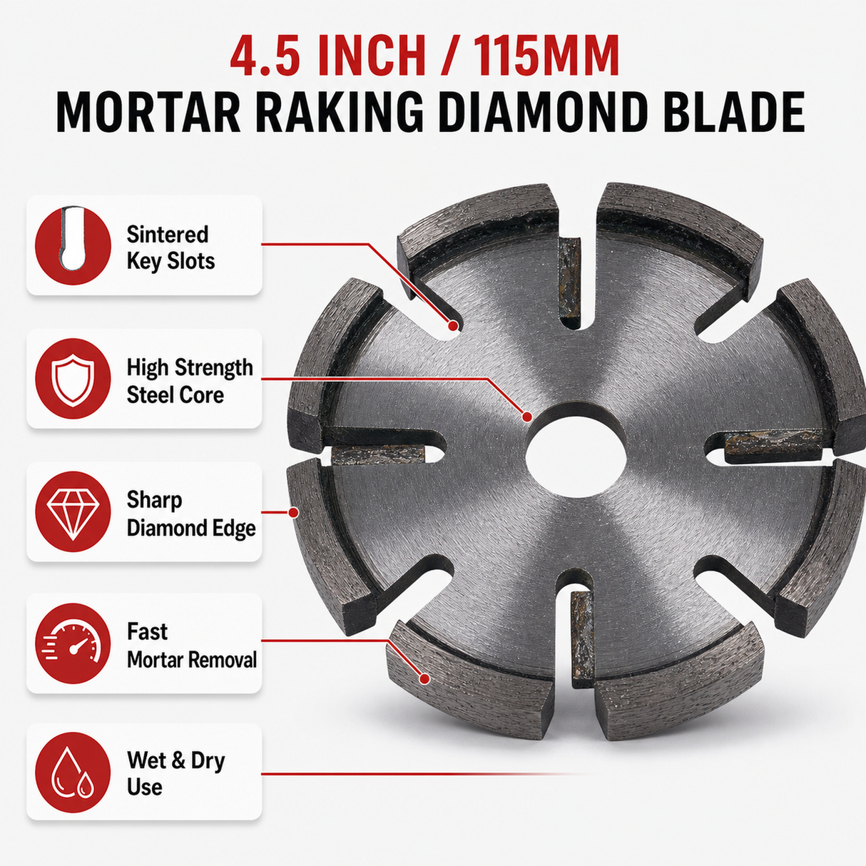 mortar raking diamond blade feature infographic with key slots and steel core