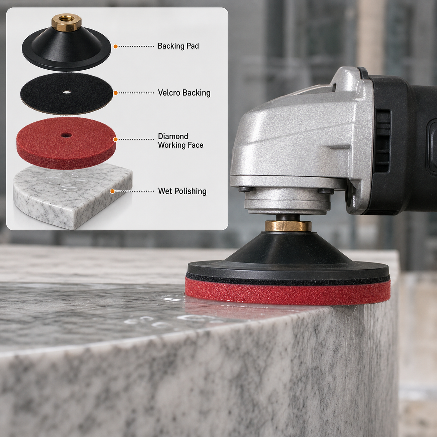 correct wet sponge polishing pad setup with backing pad and polisher