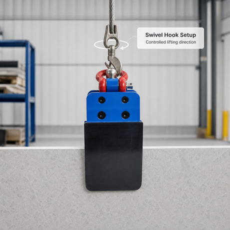 Stone lifter swivel hook and steel cable setup