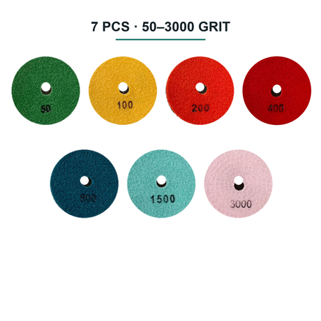 7-piece wet diamond polishing pad set 50-3000 grit white background