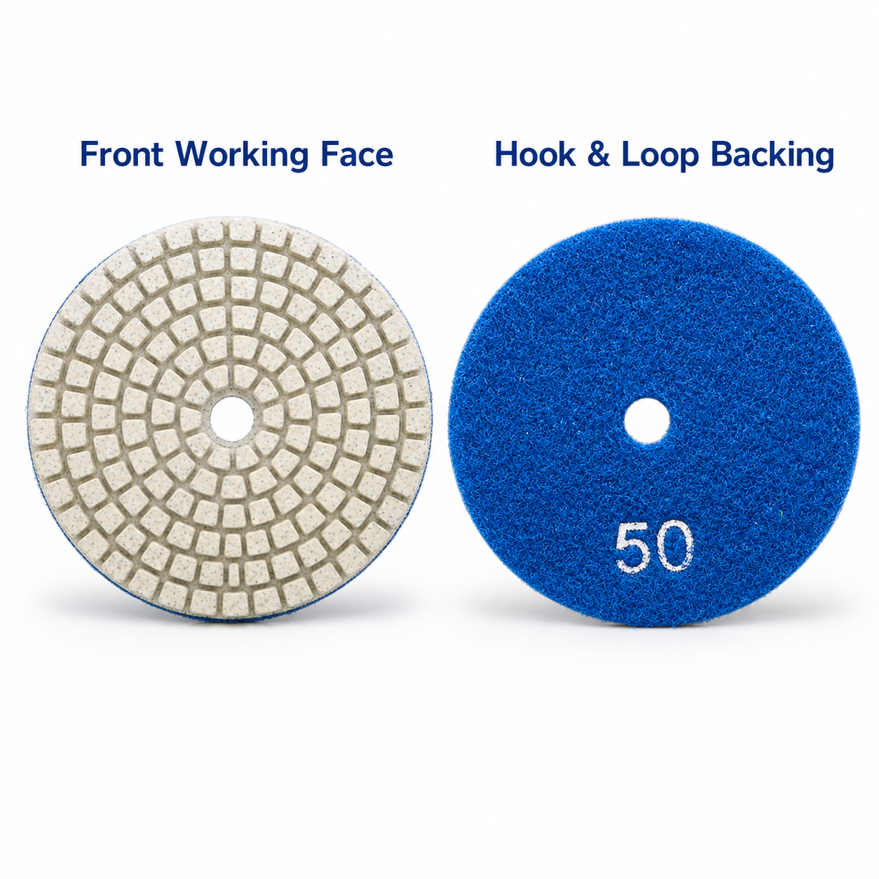 Front working face and hook and loop backing of wet polishing pad