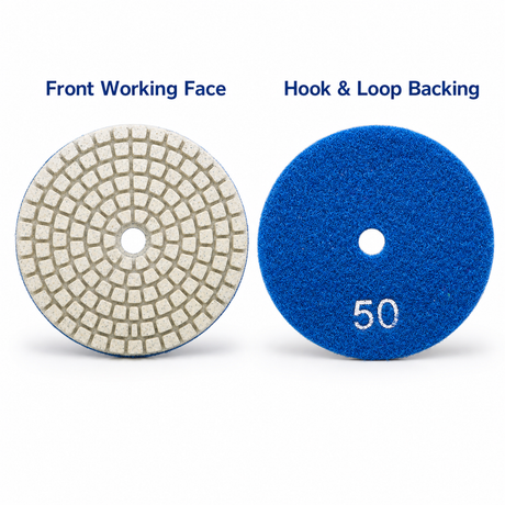 Front working face and hook and loop backing of wet polishing pad