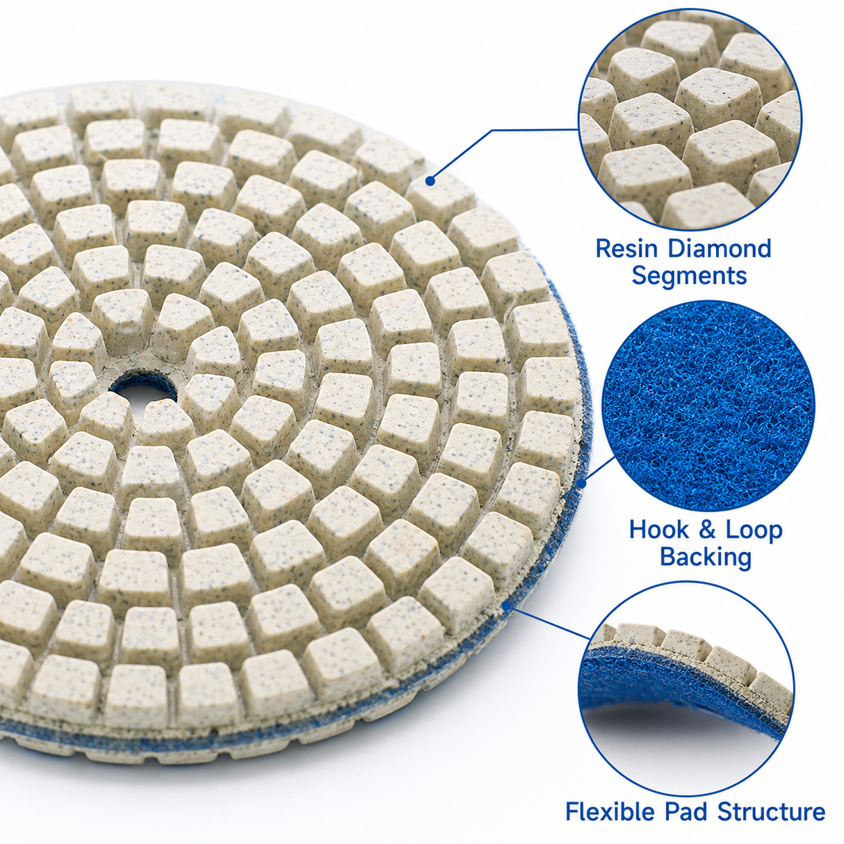 Resin diamond segments and hook and loop backing structure detail