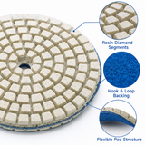 Resin diamond segments and hook and loop backing structure detail