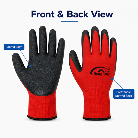 red and black work gloves front and back display