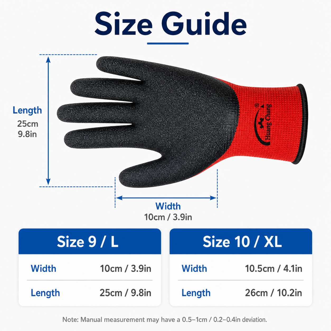 size 9 and size 10 work gloves measurement chart