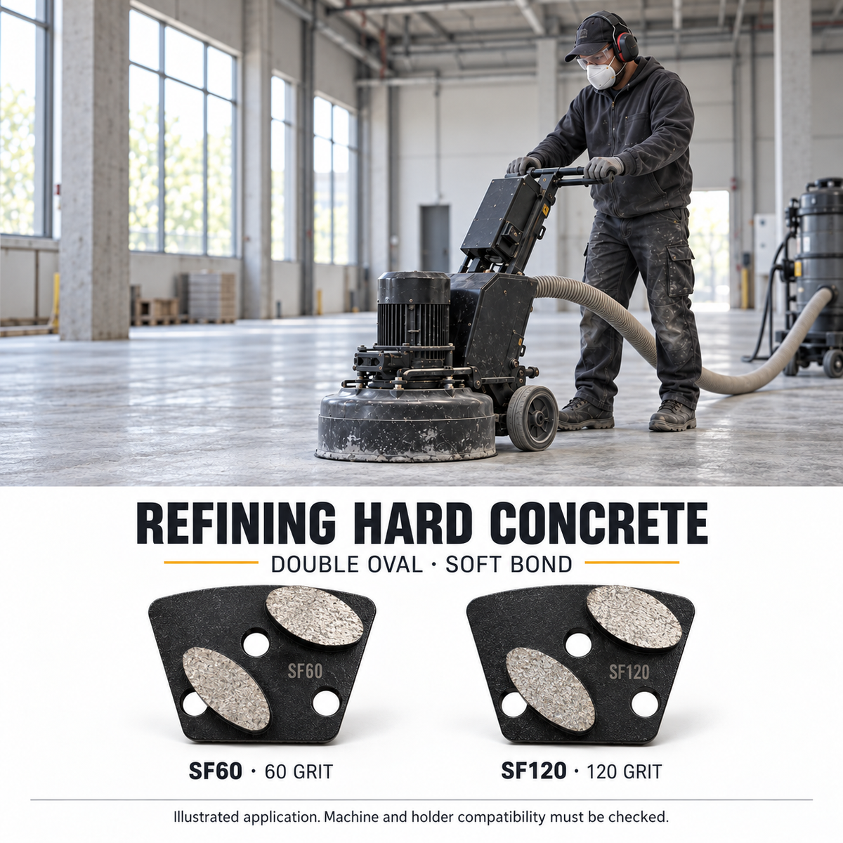 Illustrated hard-concrete grinding application with SF60 and SF120 soft-bond double-oval shoes shown separately.