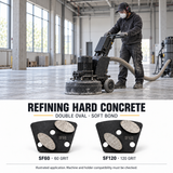 Illustrated hard-concrete grinding application with SF60 and SF120 soft-bond double-oval shoes shown separately.
