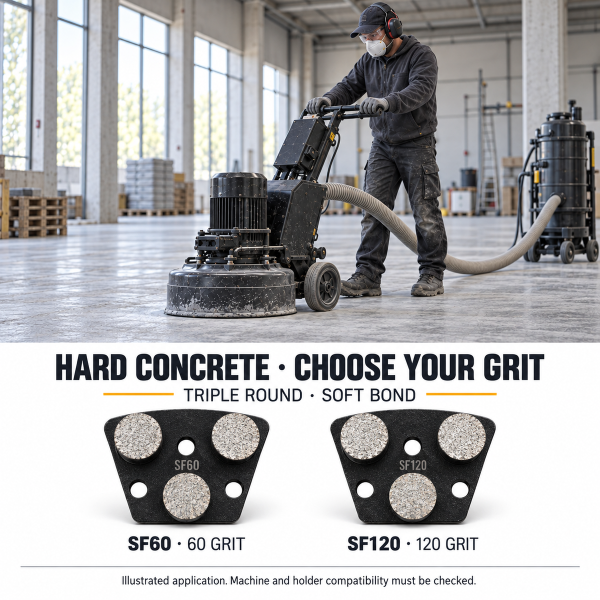 Illustrated hard-concrete grinding application with SF60 and SF120 soft-bond triple-round shoes shown separately.