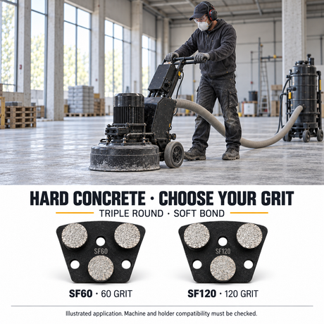 Illustrated hard-concrete grinding application with SF60 and SF120 soft-bond triple-round shoes shown separately.